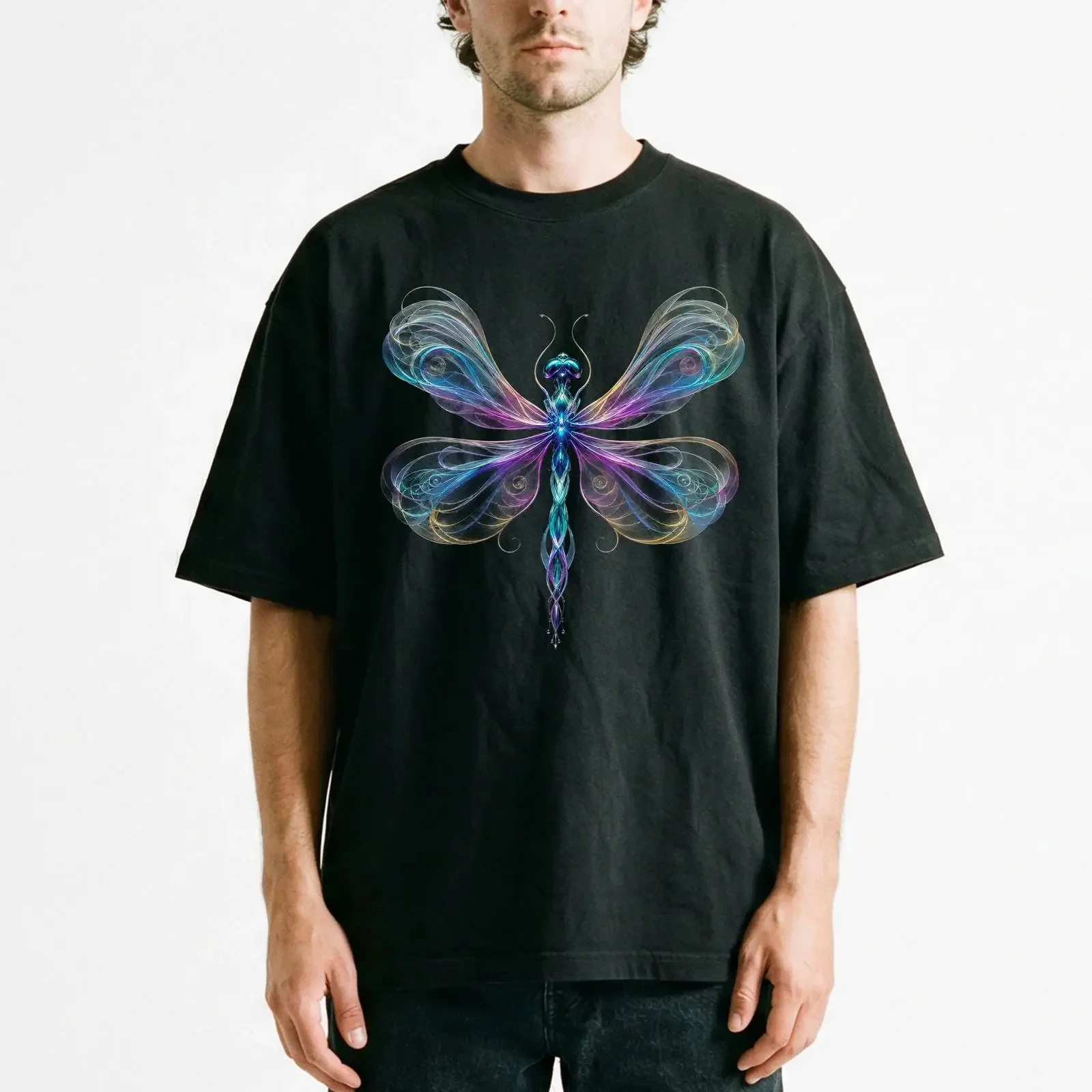 Schillerndes Fantasy-Libellen-T-Shirt Mystisches Magisches Insekt Vintage Gewaschene Streetwear Designerkleidung für Herren Leicht