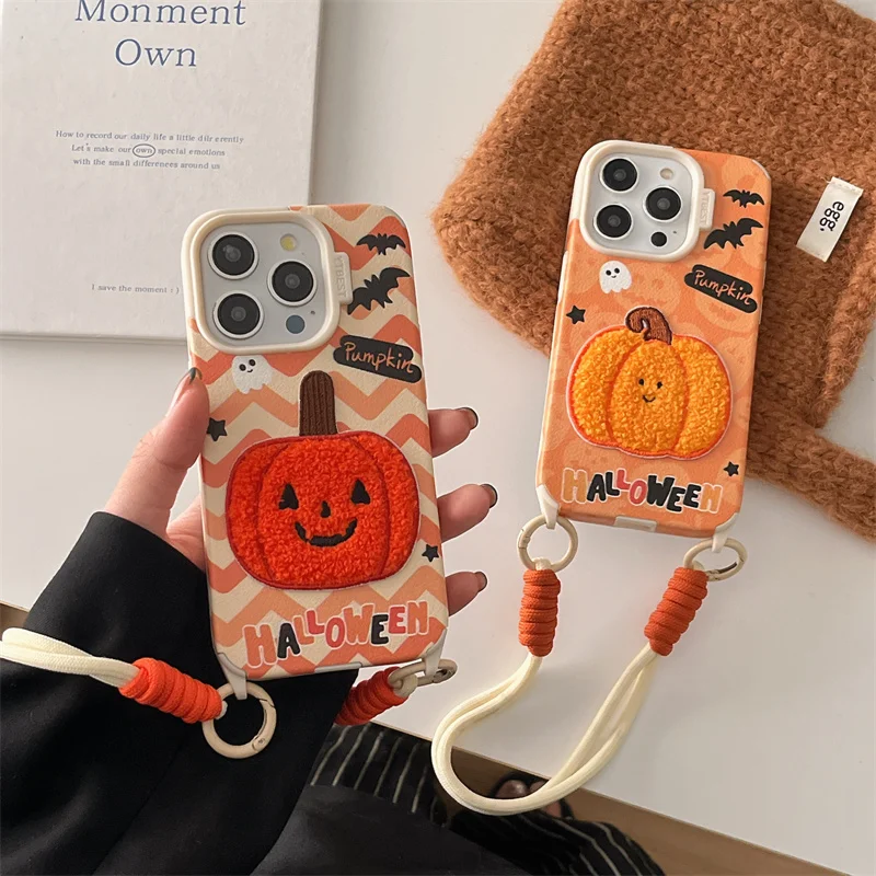 Cute embroidery parody pumpkin phone case with hanging rope for iPhone  11 12 13 14 15 16 promax