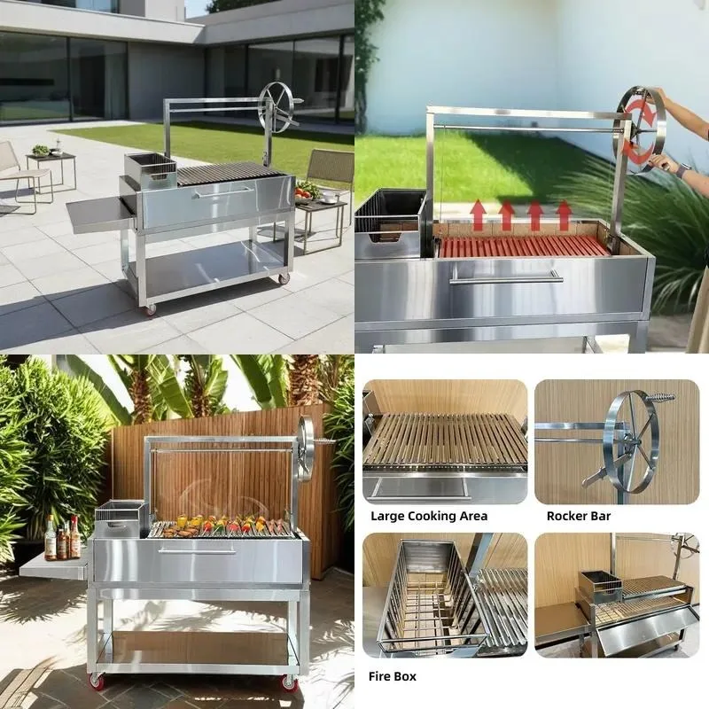 Portable charcoal grill Stainless steel trolley grill with wheels and folding side table