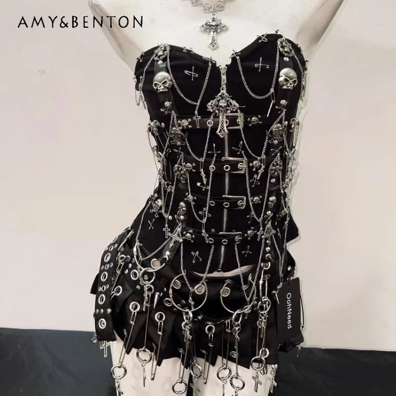 

Original Design Black Sexy Rivet Goth Women's Vest Summer Hot Girl Sweet Cool European American Retro Skirt 2-piece Set Ladies