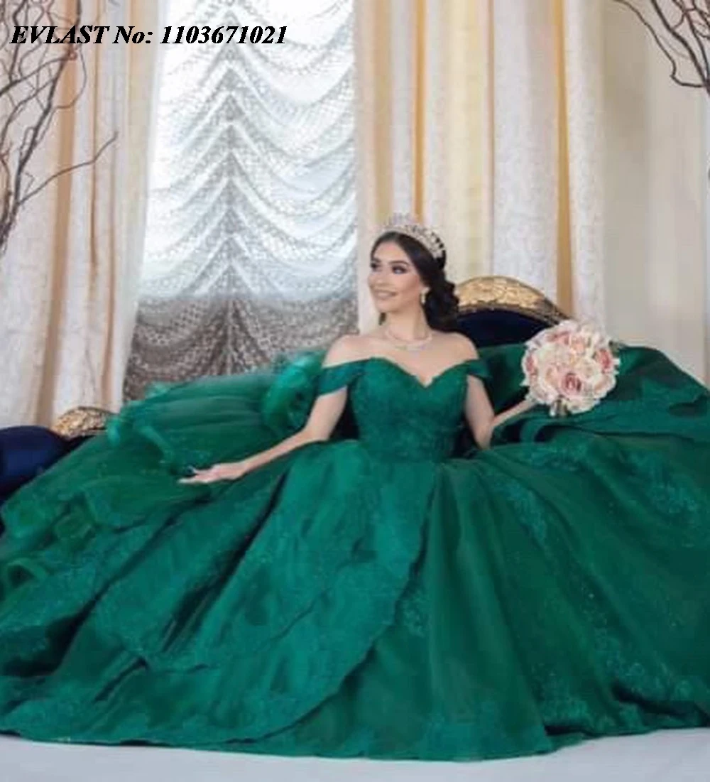 EVLAST Customized Dark Green Quinceanera Dress Ball Gown Lace Applique Beaded Tiered Corset Sweet 16 Vestidos De 15 Anos SQ709