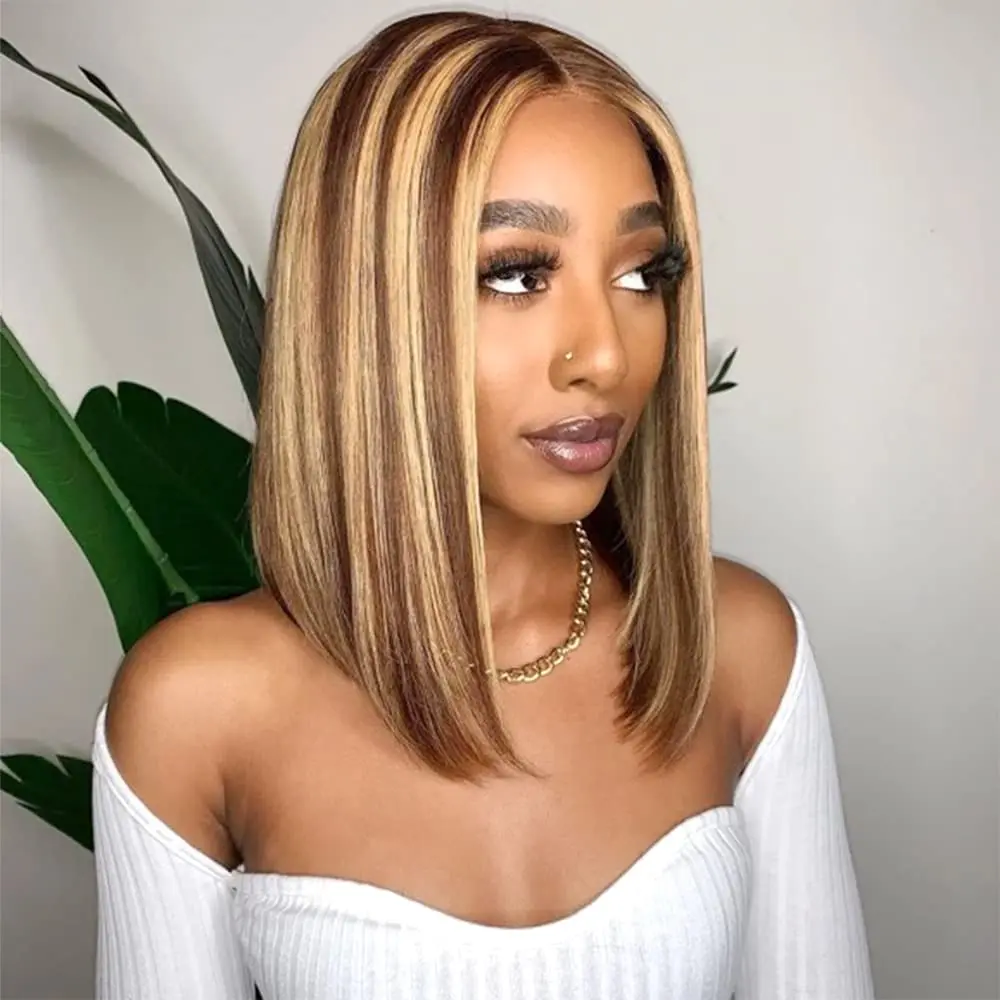 Debut Highlight 4/27 Honey Blonde Lace Front Wigs Human Hair Lace Front Bob Wigs 12A Short Bob Wig 180% Density Straight Wigs