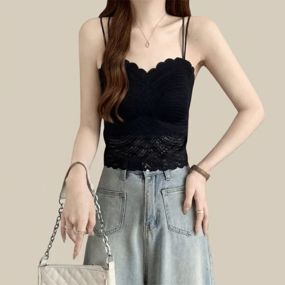 Lace Design Lace Camisole V Neck Style Built In Padded V Neck Tank Top Backless Cut Layering Wear Backless Camisole Top