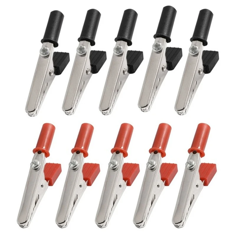 10 Pcs 55mm Metal Alligator Clips Plastic Cable Test Probe Welding Dual-use Test Clamp with Fixing Screws Red & Black