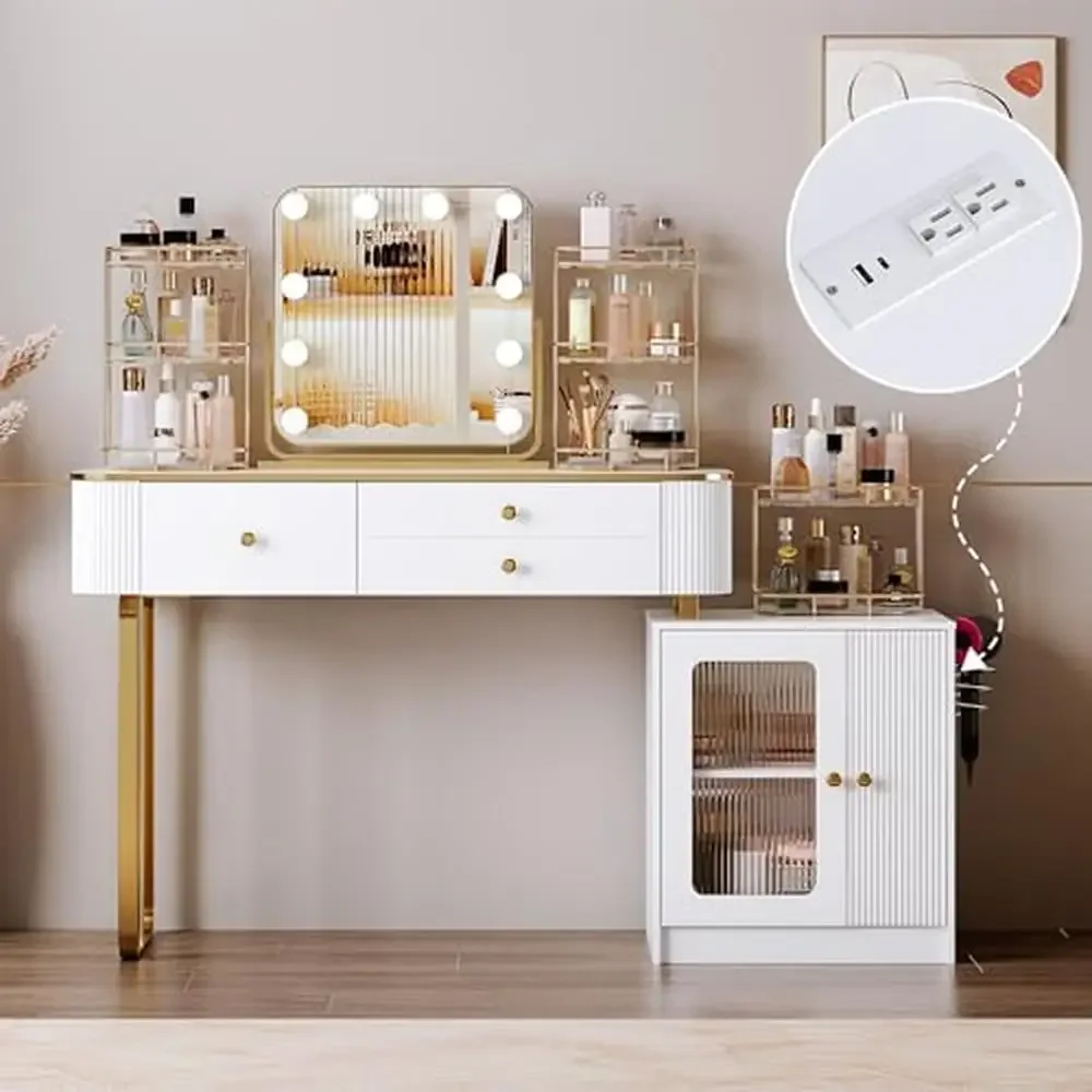 Makeup Vanity Table with LED Mirror 2 Drawers Hair Dryer Holder Power Strip Adjustable Lighting Modes Gold Handles Elegant White