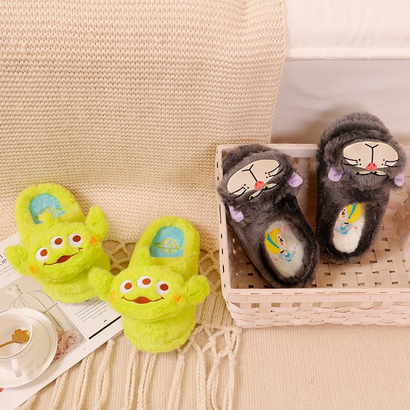 Disney Plush Slippers Cartoon Alien Baotou Warm Slippers Autumn And Winter Indoor Anti-slip Lucifer Cat Couple Home Slippers