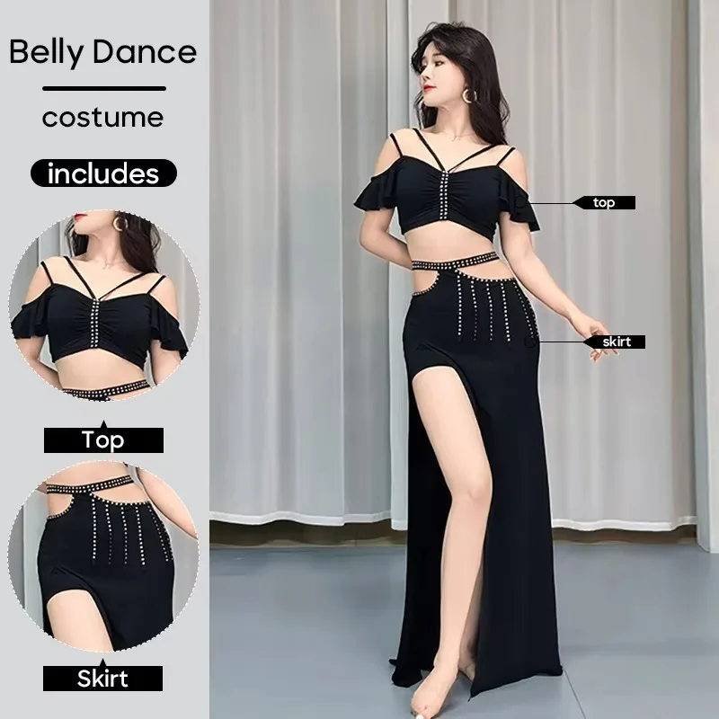 Women Belly Dance 2 Piece Costume Set Sexy Short Sleeves Top & Long Skirt Belly Dancing Performance Wear