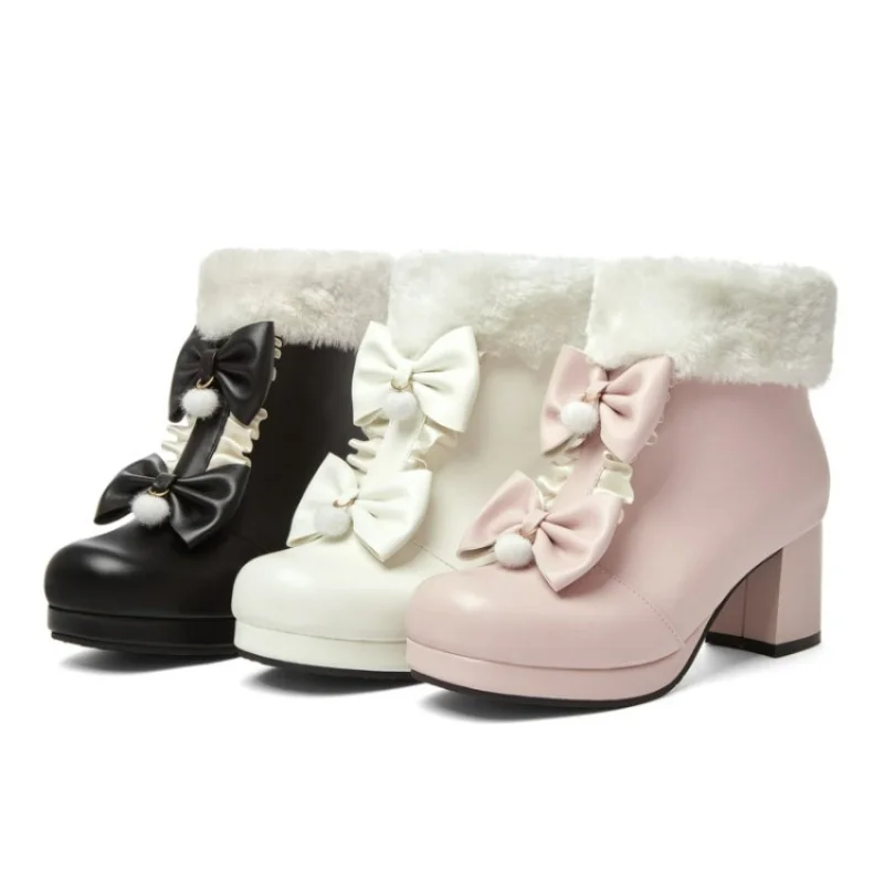 Women Warm Fleece Snow Boots  Lovely Cute Sweet Ladies Cosplay Lolita Boots Shoes Girls Block Heels Bow Knot Footwear Pink Black