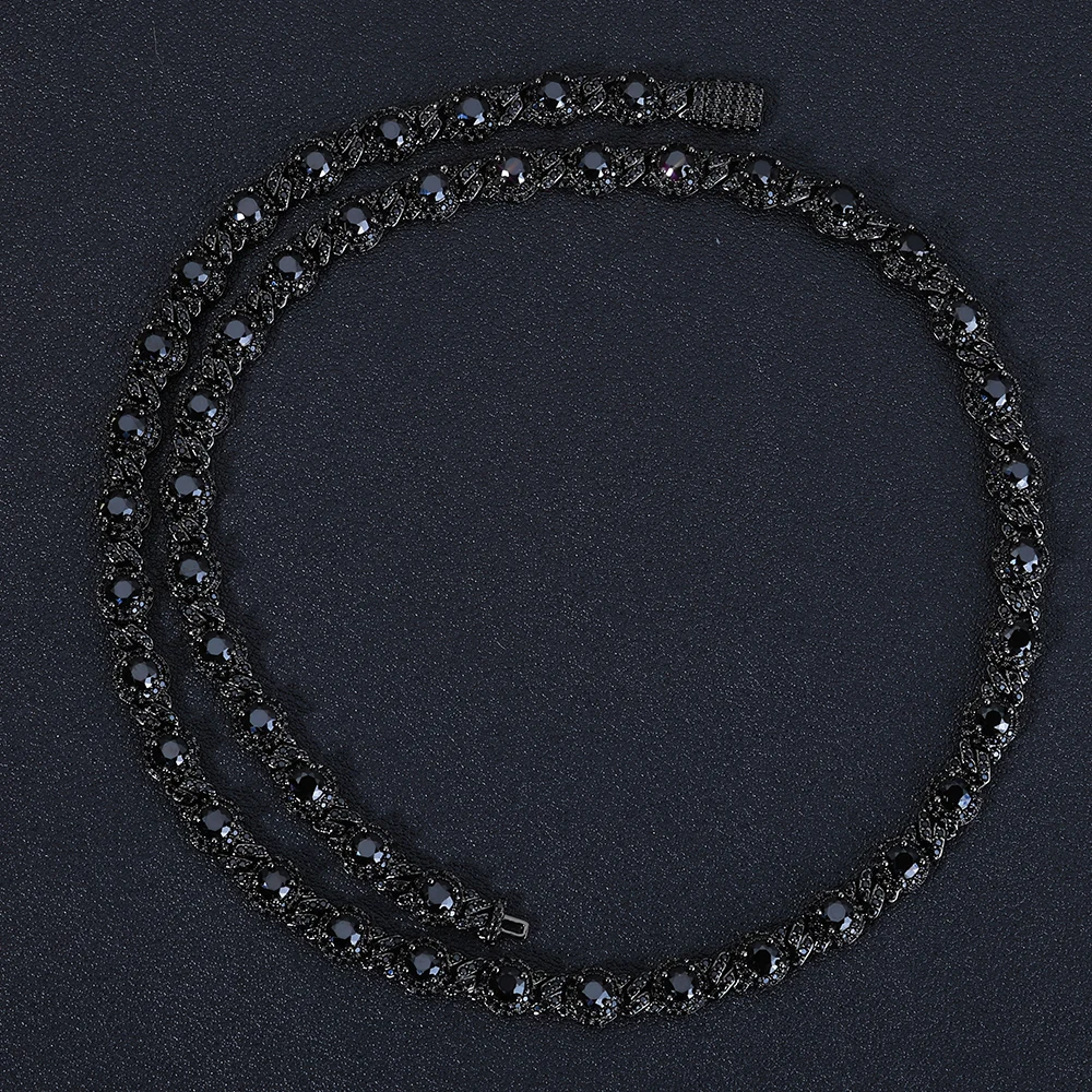 

NY Ice Black Cubic Zirconia Round 7.5mm Beads Necklace Gun Black Electroplating Diamond Cuban Link Chain Hip Hop Jewelry