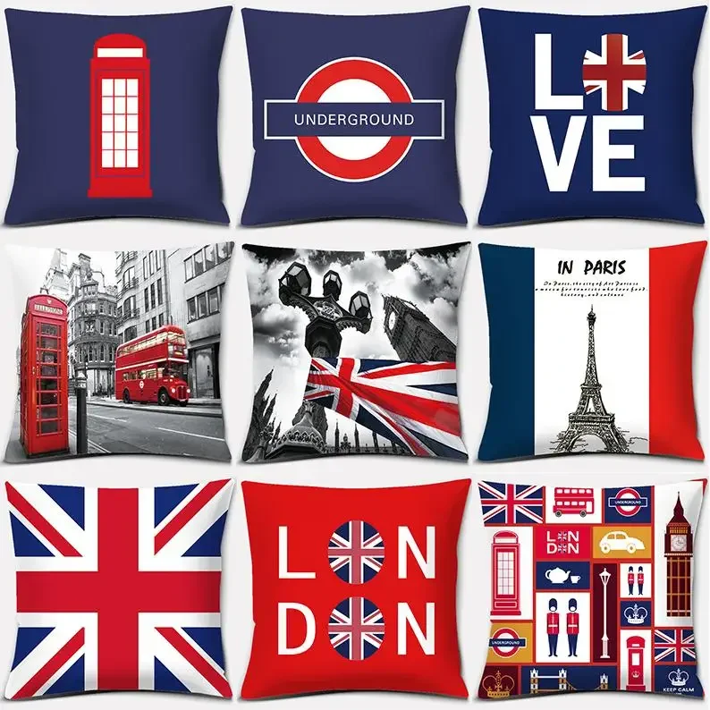 Funda de almohada cuadrada de poliéster con estampado de la serie LOVE England para decoración del hogar, funda de cojín para dormitorio, adorno para el salón, funda de almohada