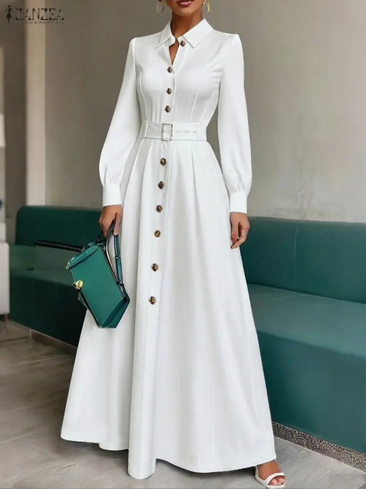 

ZANZEA Elegant Women's Shirtdress 2025 Autumn Turn-Down Collar Long Sleeve Button Up Belted A-Line Maxi Dresses Office Commuting