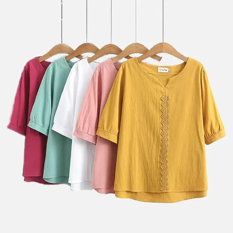 Casual Vintage Solid Color Women\'s T-shirt  Summer Fashionable Commute Short Sleeve Embroidery Patchwork Tops Female Clothin