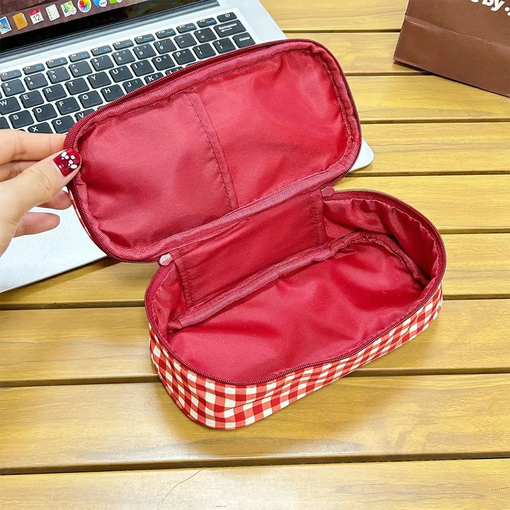 Minimalist Plaid/Polka Dot Patterns Storage Bag Large Capacity Double Zipper Pencil Case Portable Cosmetic Bag