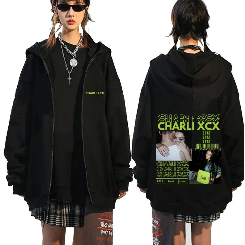 Singer Charli XCX Brat Album Graphic Zipper Hoodie Men Women Fashion Oversized Zip Up Jacket Men's Fleece Cotton Zip Up Hoodies