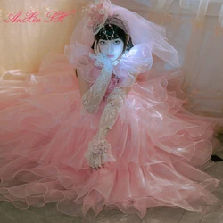 AnXin SH vintage princess pink flower lace o neck beading pearls ruffles sleeve lace up white Antique customized wedding dress