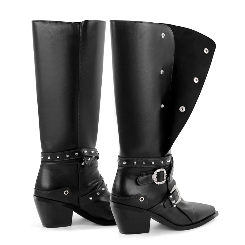 Onlymaker Women Pointed Toe Black Buckle Block Heel Knee High Boots