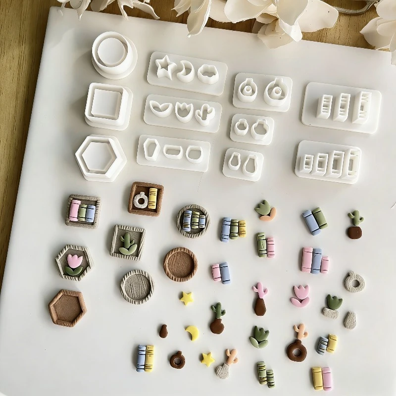 Conjunto de 11 Cortadores de Argila Polimérica para Mini Estante e Vaso de Flores, Moldes Fofos em Formato de Plantas e Livros para Fabricação de Brincos e Joias DIY