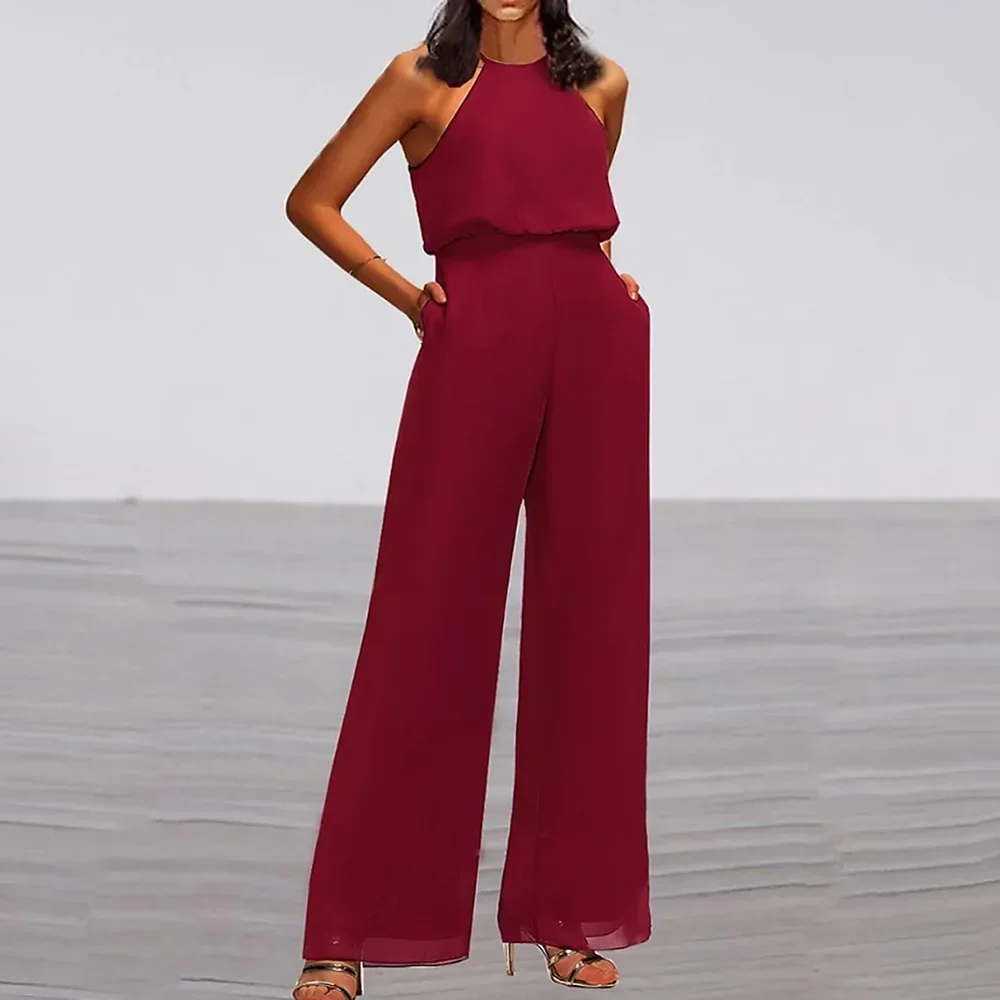 

Women's Jumpsuit New Street Trend Wide Leg 2024 Summer Fashion Casual Elegant Sexy Sling Wine Red