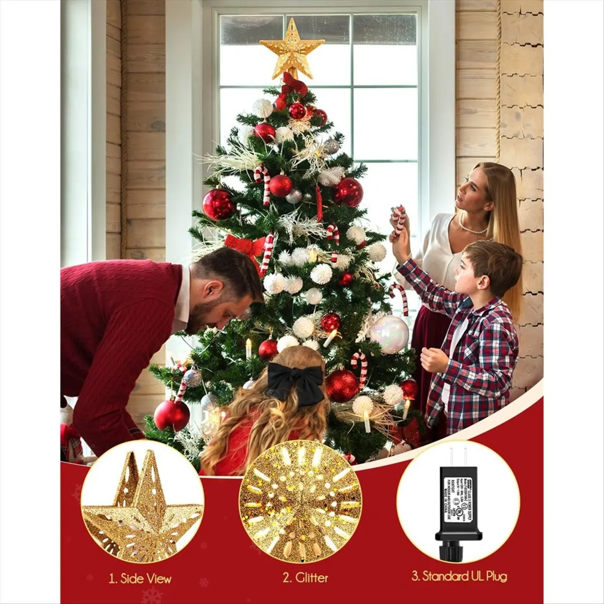 Christmas Star Trees Topper with Built-in Led Snowflake Projector Lights Pentagram US Plug