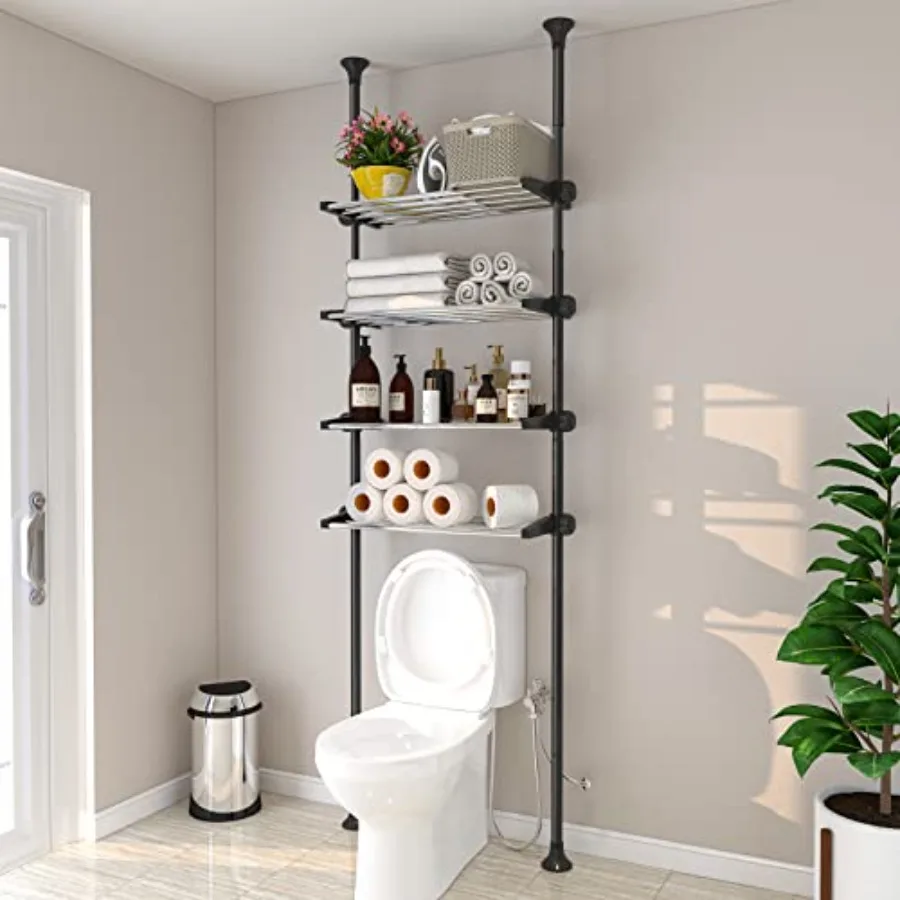 

4-Tier Over The Toilet Storage Shelf 4.5-9.5 Feet Adjustable Bathroom Organizer Heavy Duty Metal Shelves Above Behind Toilet La
