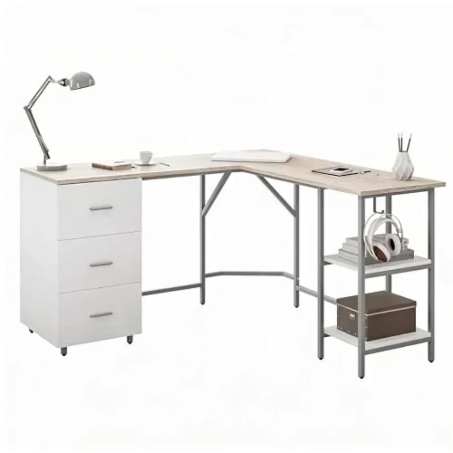 Two-Tone L-Shaped Office Desk with Storage Shelves, Engineered Wood, Gray and White, Space-saving Design with Integrated Shelvi