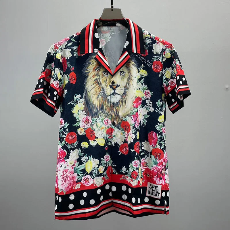 

2023Streetwear Hip Hop Fashion Aloha Tropical Top Hawaiian Beach Shirts European Lion Flower Print Shirt Camisa Floral Masculina