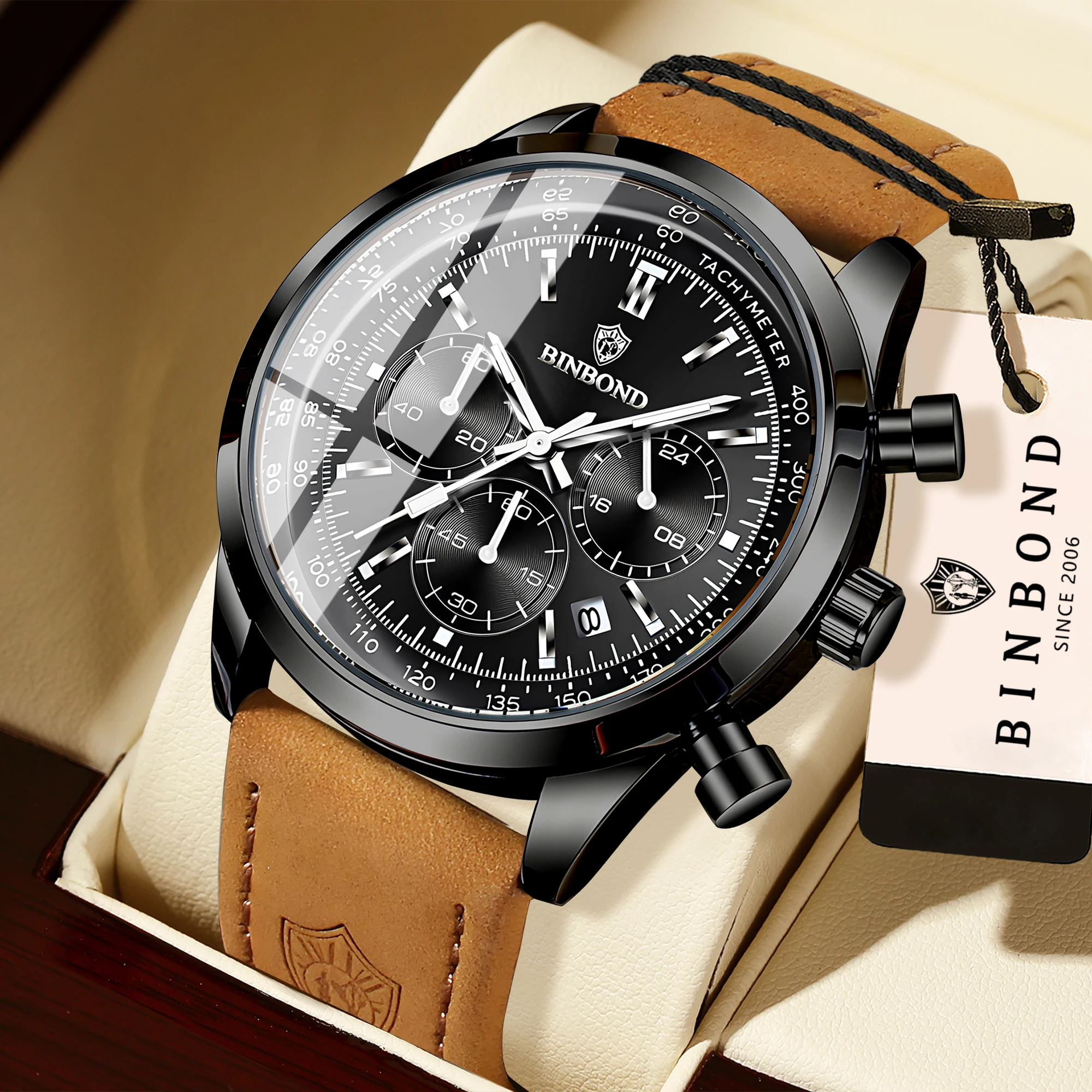 BINBOND Chronograph Sturdy Accurate Quartz Watches For Men Luxury Auto Date Luminous Waterproof Men's Watch Casual Reloj