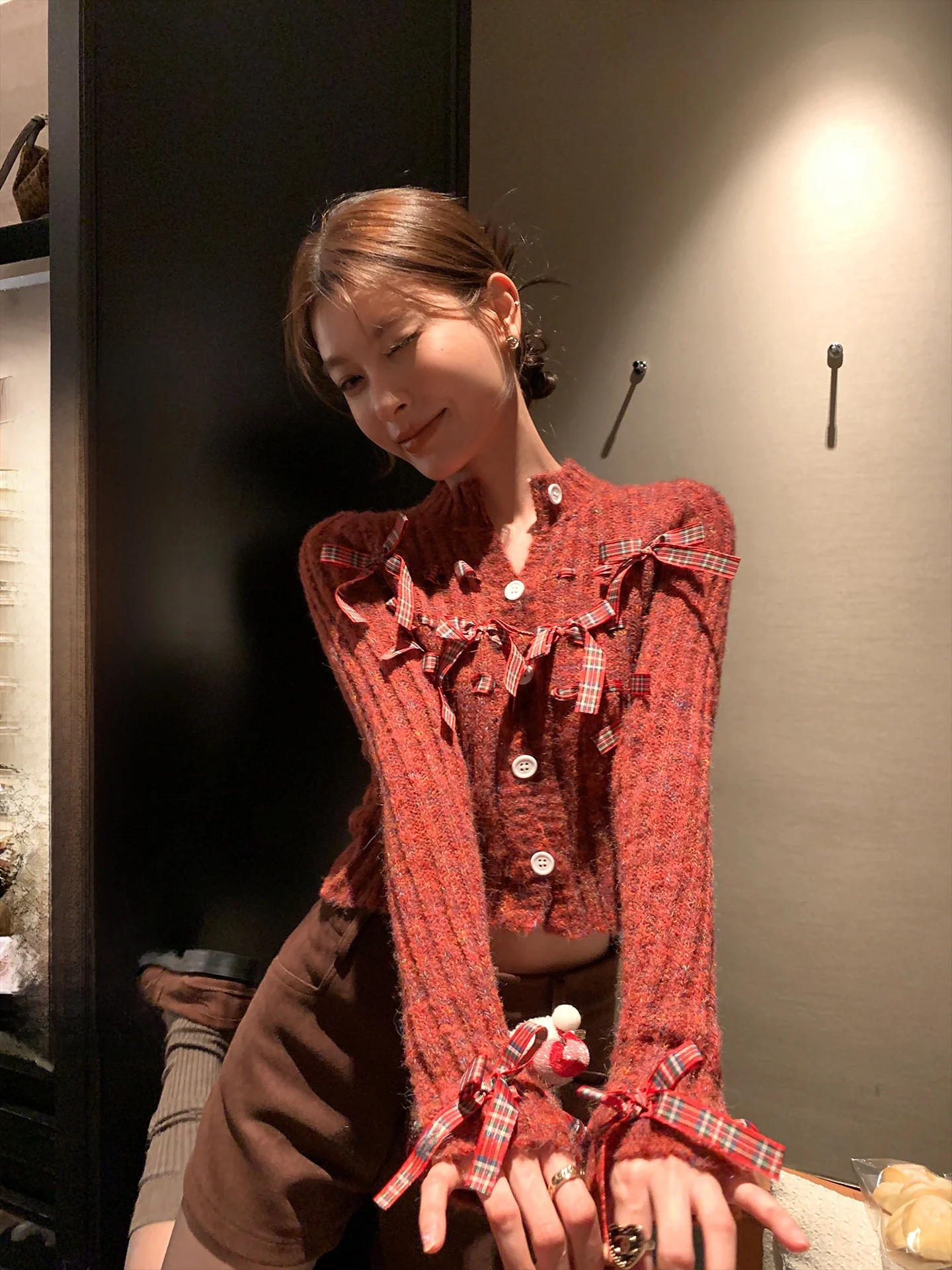 

Red Cisas Series Knitted Cardigan Sweater with Bow Aosphere Date New Year's Outfit Women's Sweet Sle round Ne Long ...