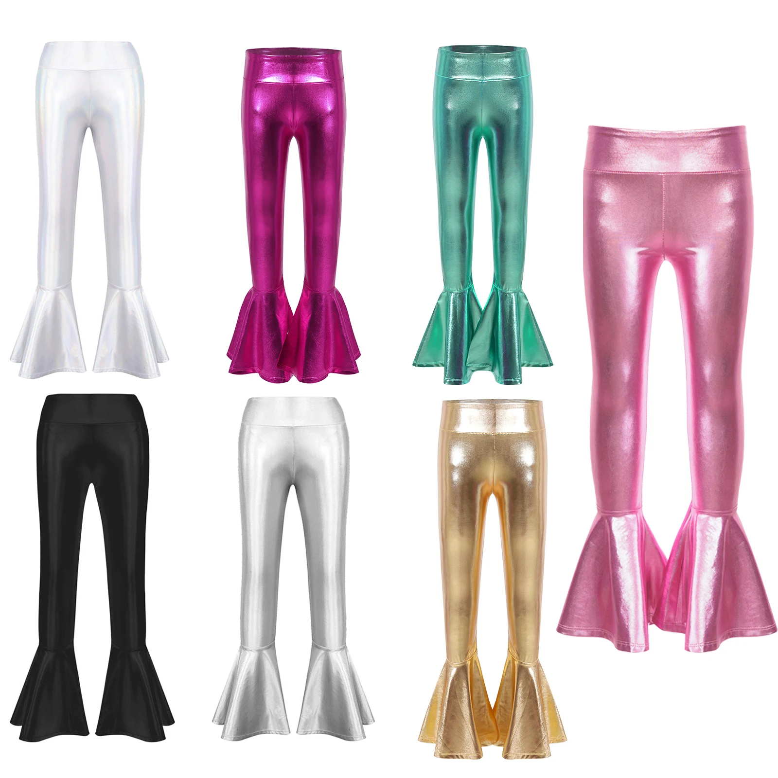 2025 New Kids Girls Shiny Metallic Flared Long Pants Jazz Dance Disco Performance Trousers High Waist Ruffle Bell-bottom Pants