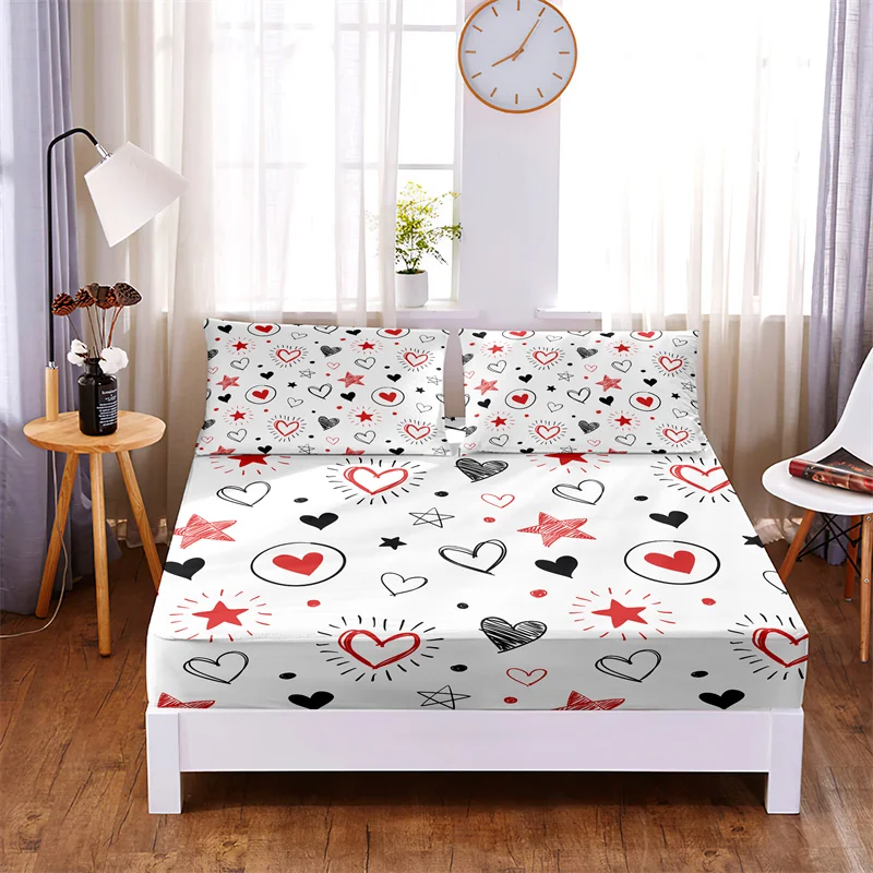 Bedding Set Red Love Fitted Sheet Set Bed Set Mattress Cover Four Corners Elastic Band Non Slip Bed Sheets 2 Pillowcases