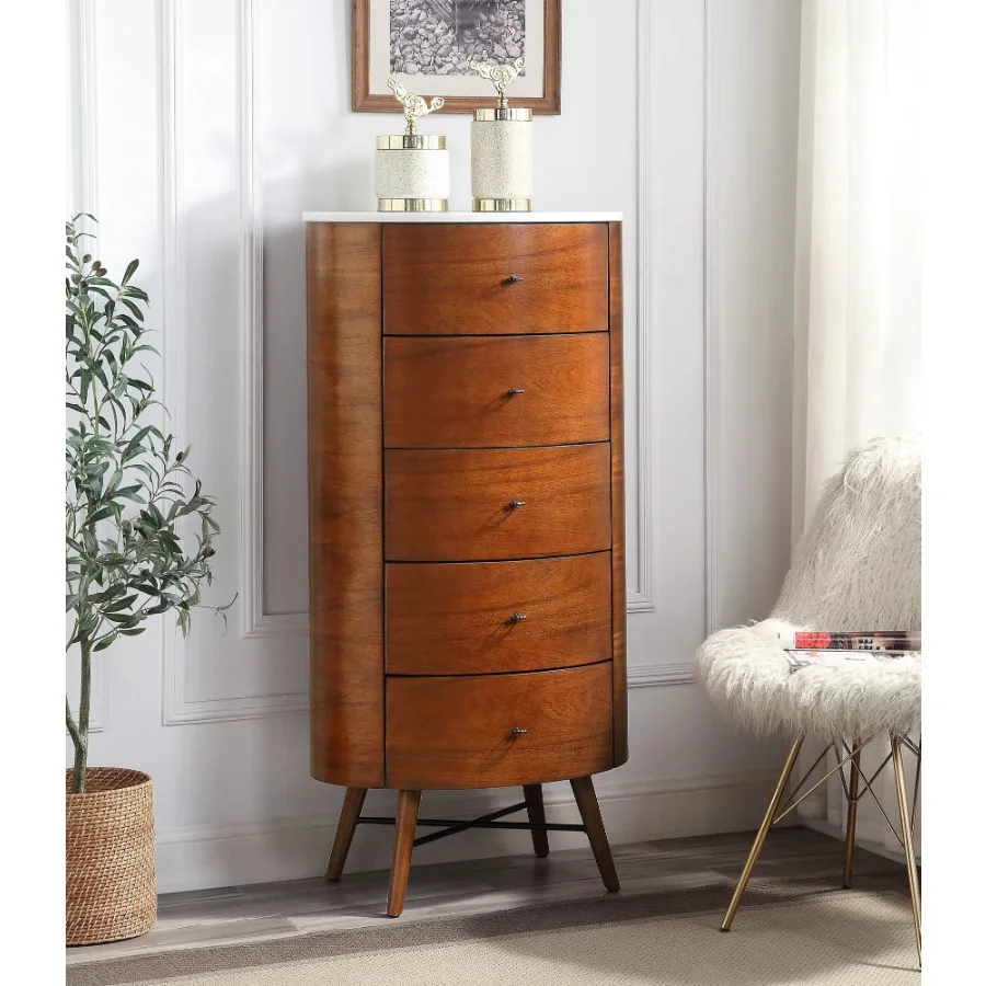 

Walnut Finish 1pc Chest Five Drawers Marble Top Ball Bearing Glides Bedroom Furniture