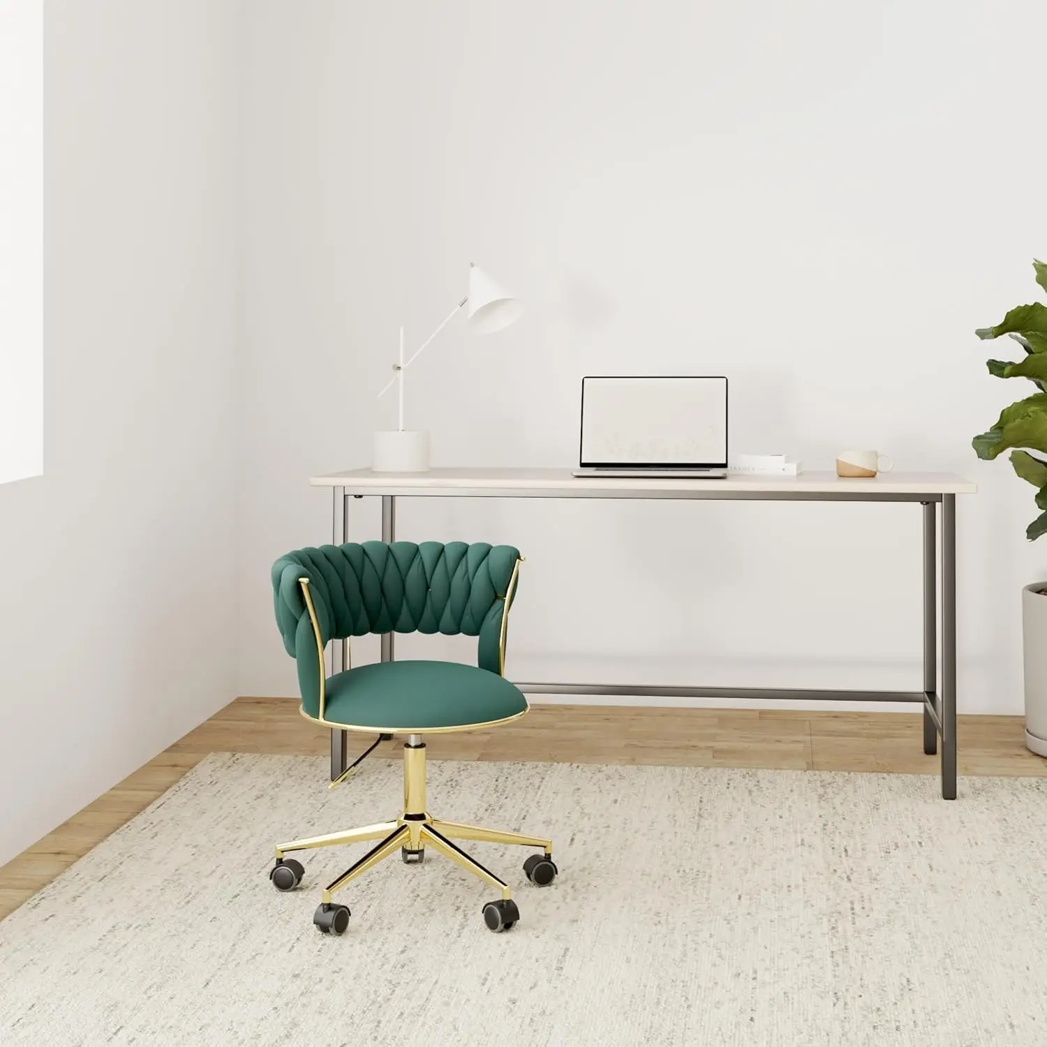 Velvet Office Desk Chair with Hand Woven Backrest, 360° Swivel & Height Adjustable Task Chairs, Makeup Chair, Living Room Chairs