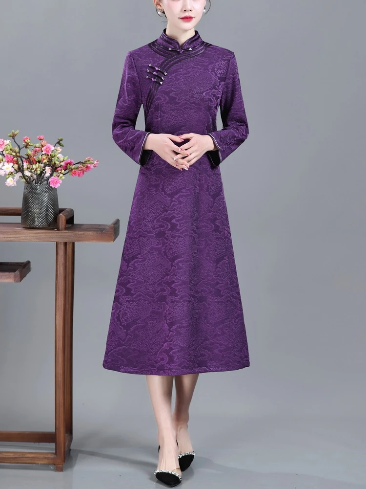 エレガントなロングチャイナドレスレトロスタイルのウェディングドレスお母さんのための春の新着中年女性エスニックファッションスタンドカラー