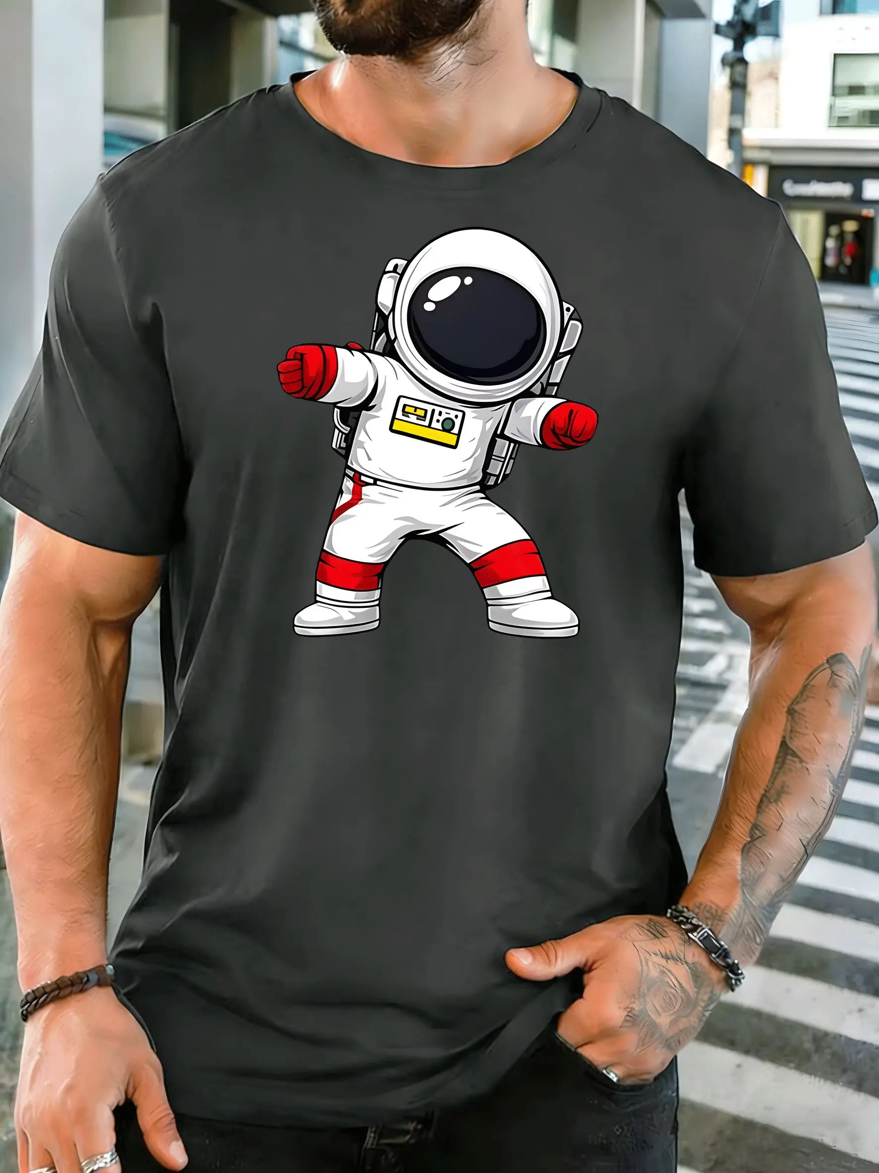 Cute Cartoon Astronaut Standing Pose Mens Front Print T Shirt Space Explorer Graphic Tee Casual Short Sleeve Top Space Fan Gift