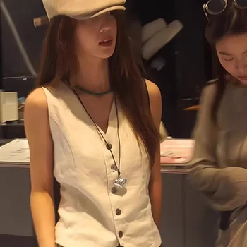 새로운 여름 싱글 브레스트 v 넥 여성용 말 클립 탑 합리적인 디자인 틈새 겉옷 조끼 민소매 셔츠 속옷 