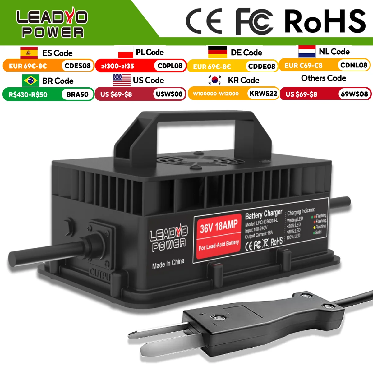 Lead-Acid 36V 18A Battery Charger for EZGO Yamaha Club Car with Crowfoot plug Battery smart Charger