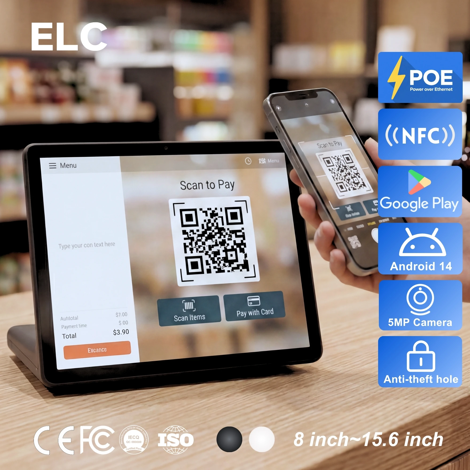 Smart Cashier Display PoE L-Type Horizontal Android 14 Tablet 11 Inch For Supermarket Checkout & Membership Management