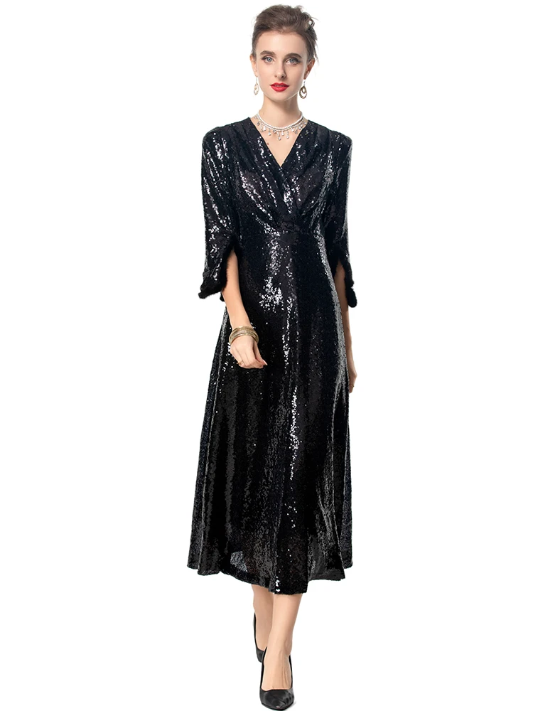 Seasixiang Sequins Evening Dress For Women V-Neck Feathers Sleeves Elegant Party Long Dresses Fashion Autumn Female