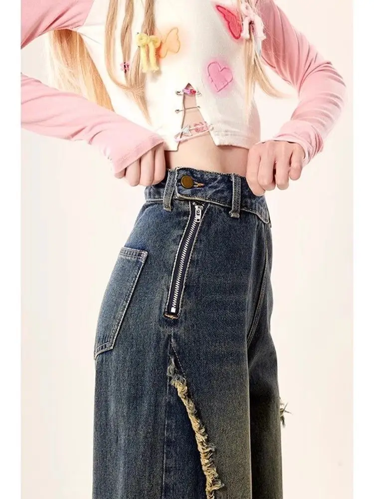 

Ladies Jeans Gothic Clothes Stacked Ruffle Pleated Draped Split Slit Asymmetric Detail Side Female Denim Fashion Unique Stylish