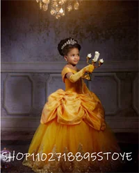 Vestidos de Encaje amarillo con cristales para niña, vestido de baile Bateau para niña pequeña, vestidos de fiesta de boda, vestido de desfile de comunión