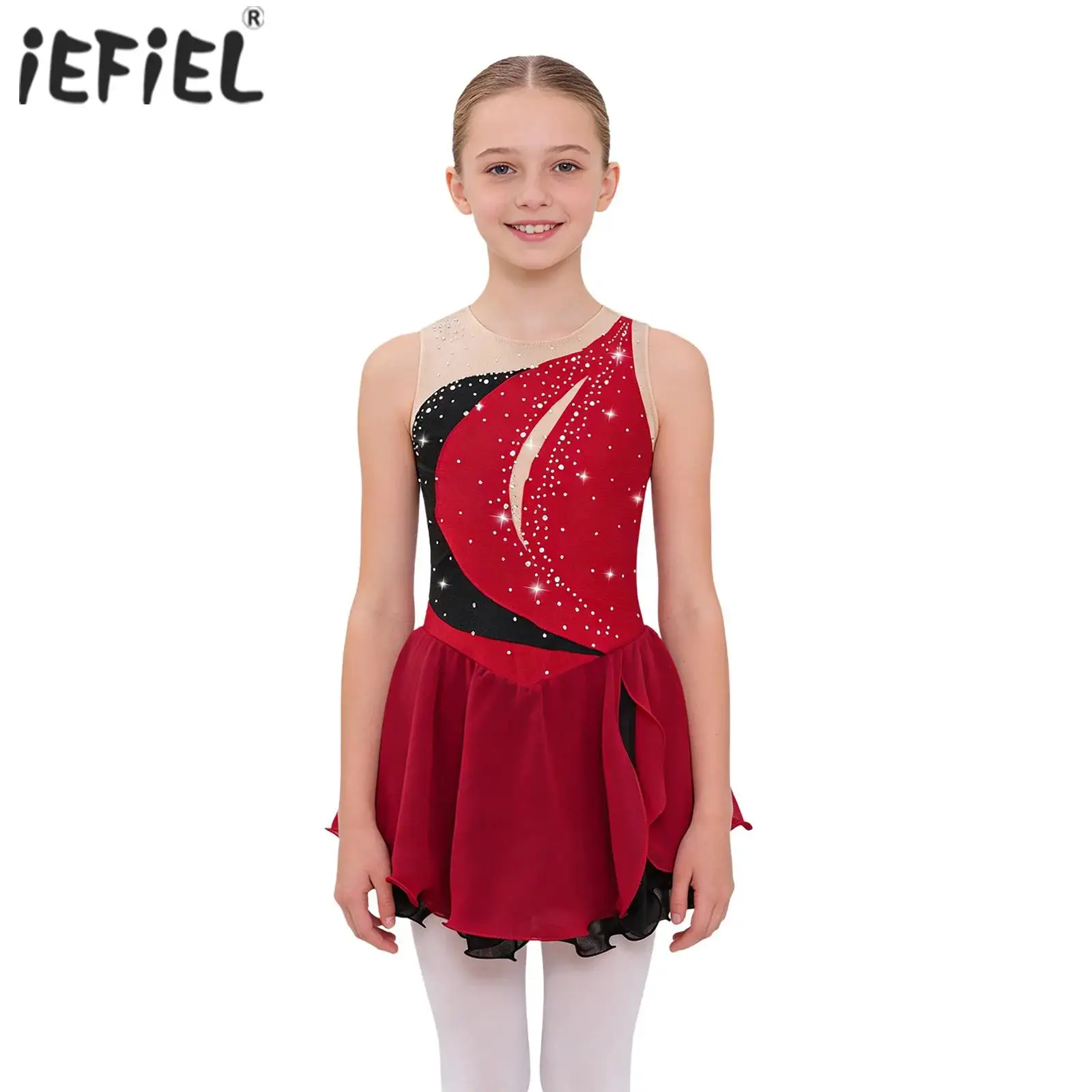

Kids Girls Ballet Lyrical Dance Dress Shiny Rhinestone Artistic Skating Dance Dress Ruffle Rhythmic Gymnastics Leotards Costume