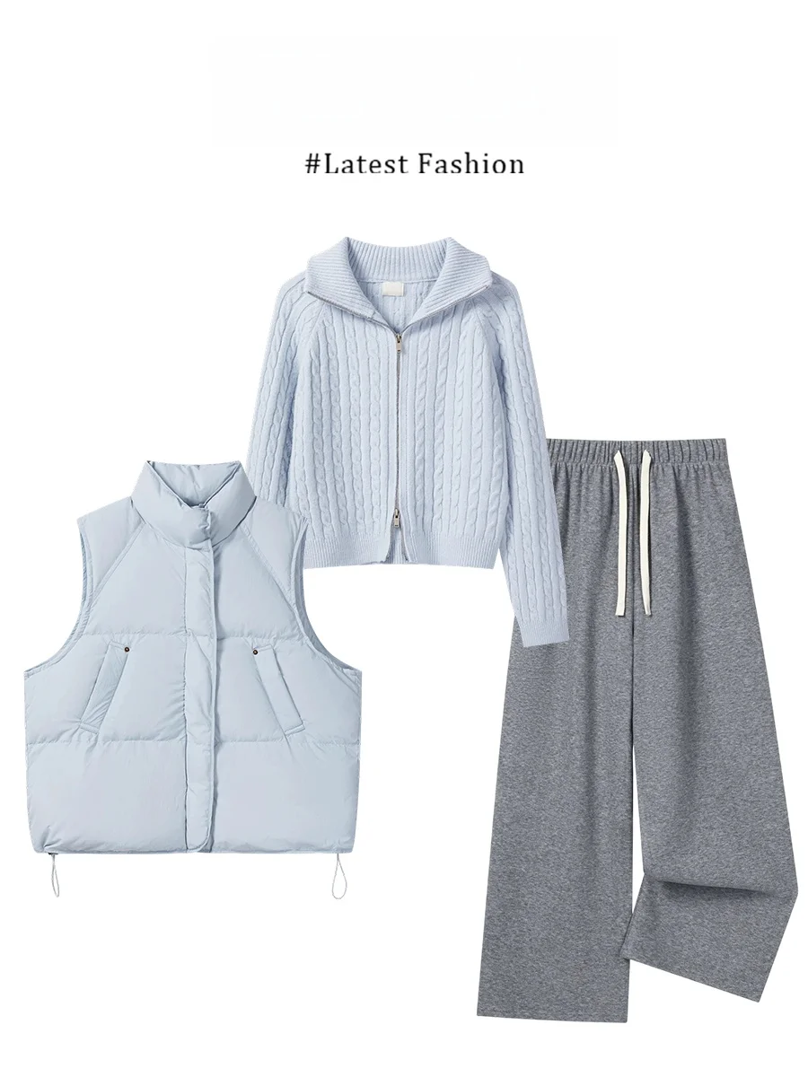 

Winter Blue Knitted Cardigan Cotton Jacket Stand Collar Three Piece Set Women's Fashion Warm Loose Fit Long Sleeve Zipper