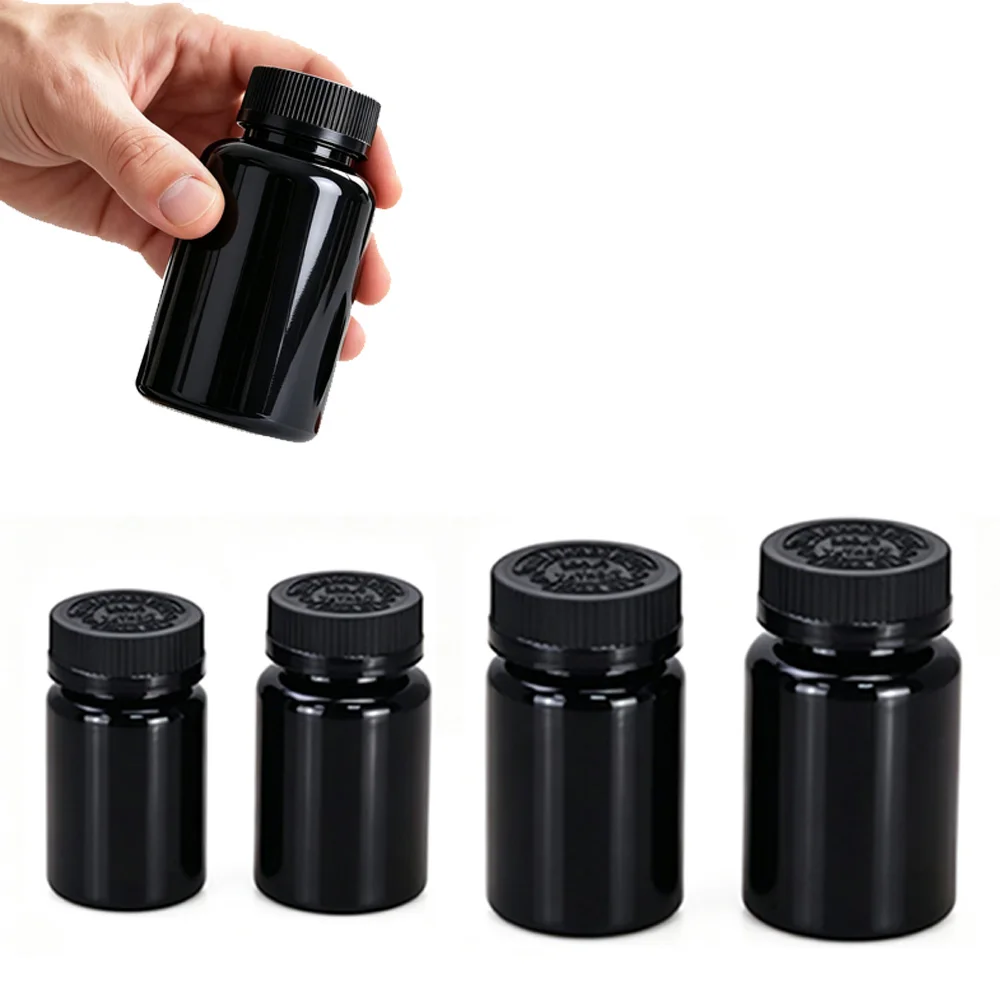 30/50Pcs Empty 100ml-250ml Black Plastic Pill Bottles W/ Screw Cap Refillable Seal Container For Solid Powder Capsule Storage