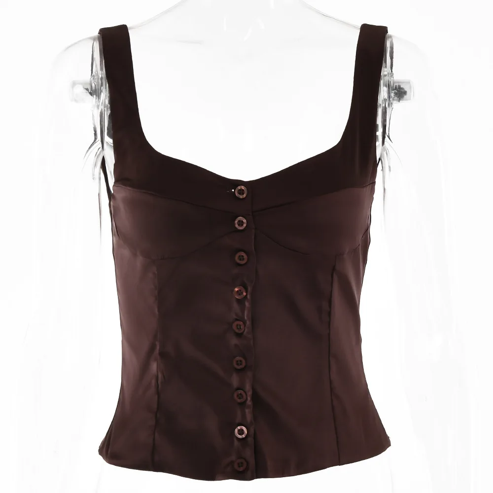 Women's Square Collar Svel Bal Vest Button Detail Cross-Border Faion Early Autumn Top ort Pure Color Slim Fit