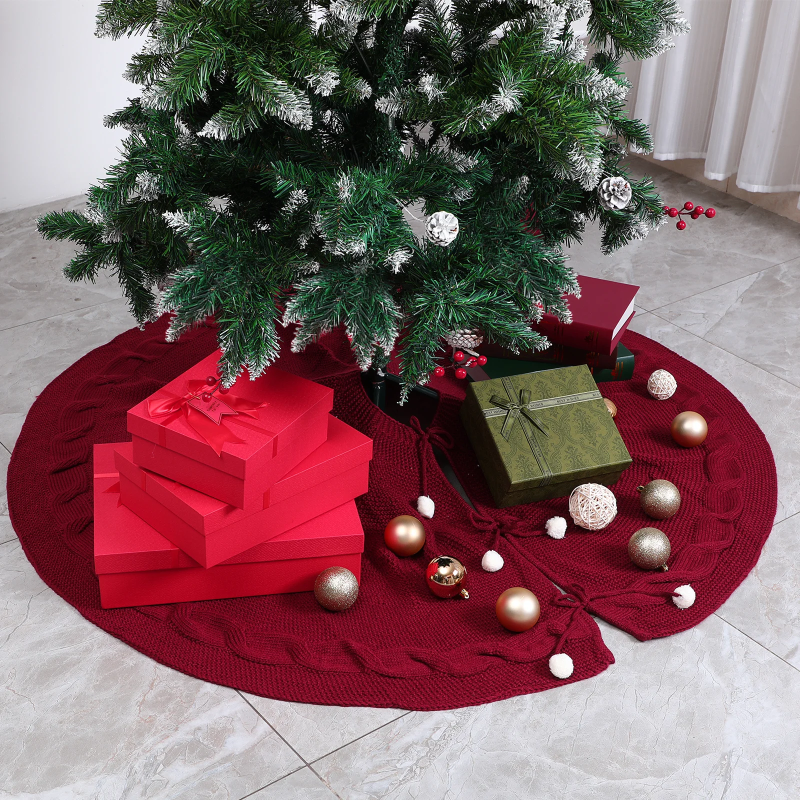 

Festive -Red Christmas Tree Skirt Imitation Knitted Wool Nonwovens Perfect for Adding Cheer to Your Tree