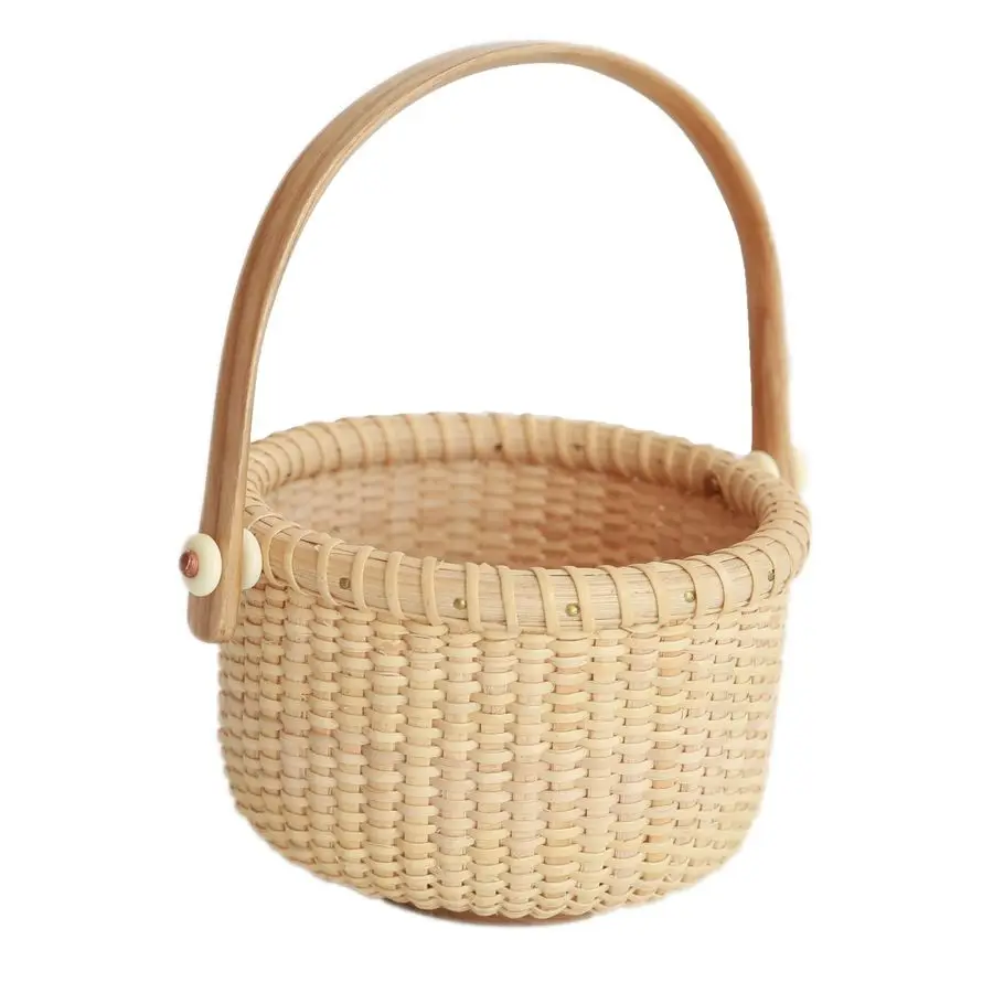 Panier rond classique Nantucket avec poignées en bois, panier tressé, conteneur, sac fourre-tout, organisateur en forme de cube, en rotin tressé à la main, pour le rangement des fruits