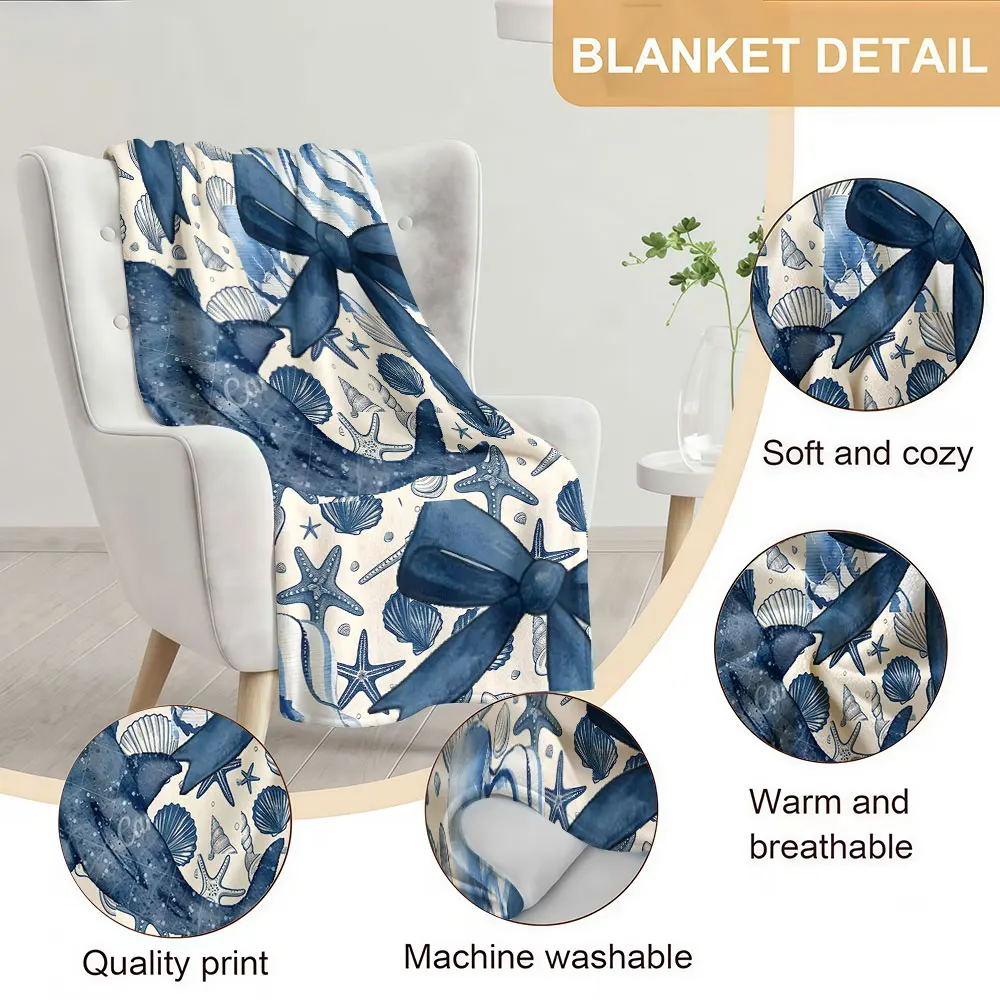 Blue Bow Marine Texture Soft Warm Flannel Blanket Lightweight Cozy Christmas Halloween Home Decor Room