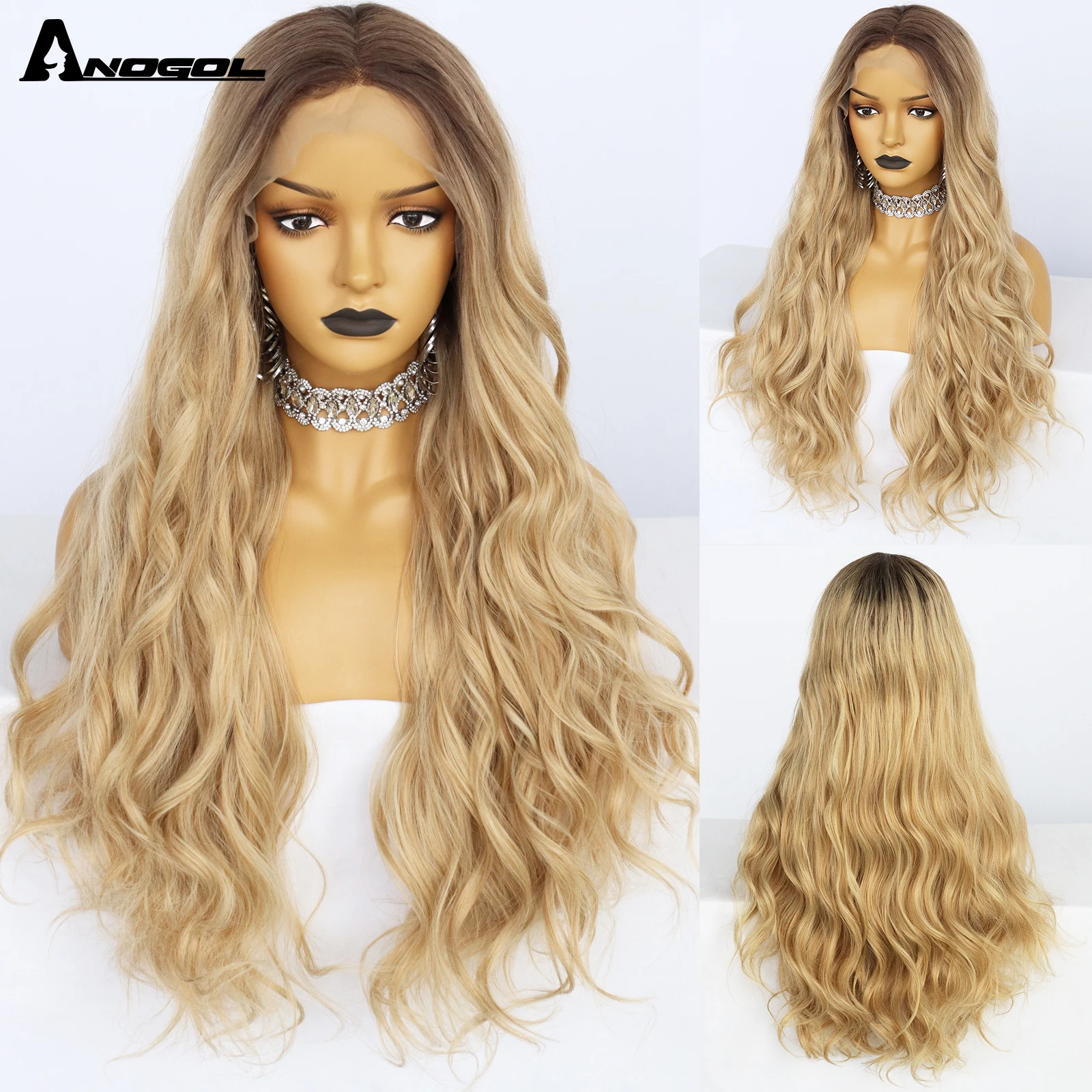 ANOGOL Synthetic Ombre Ash Blonde Long Natural Straight T Part Lace Wig with Baby Hair Gray Body Wavy Wigs For Black Women