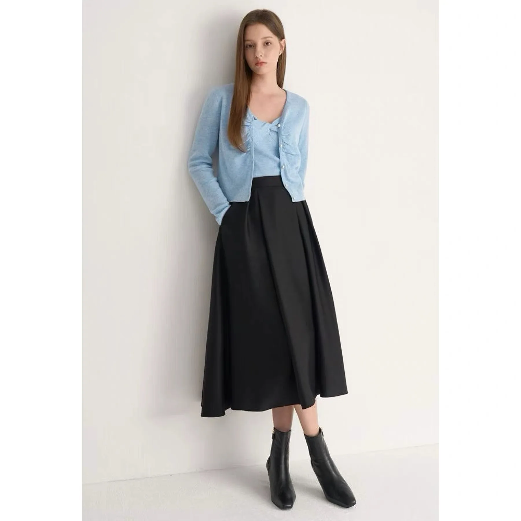 Jupe trapèze taille haute avec décoration de perles, plissée, polyvalente, fromage citron, pour femmes