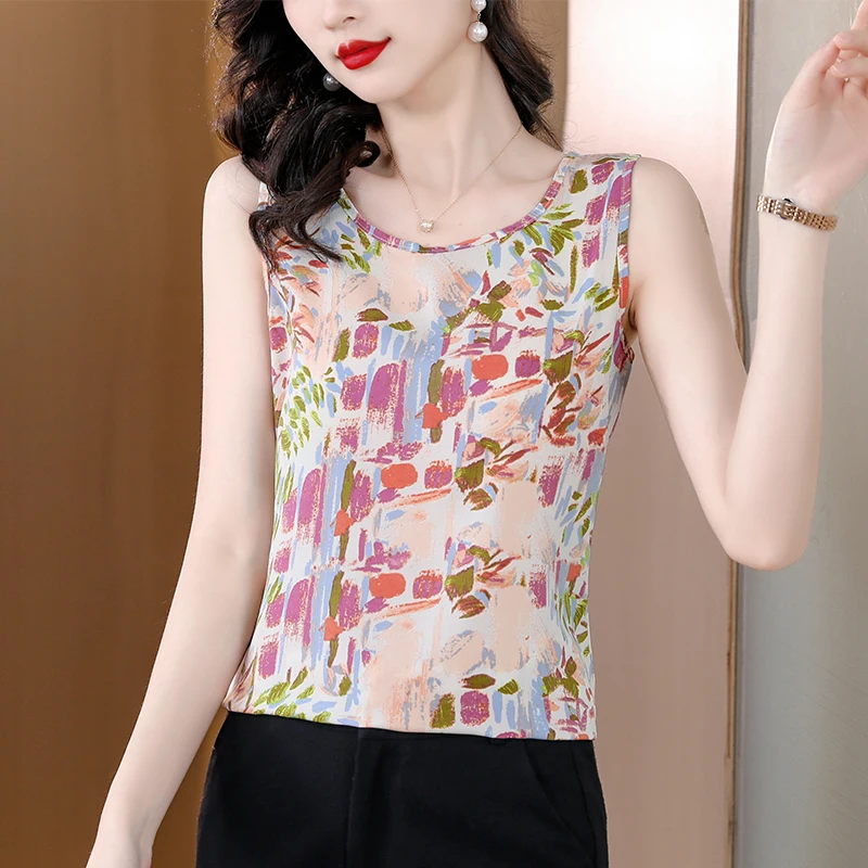 Women Summer Korean Fashion Loose Printing O-neck Sleeveless Camisole Women Clothes Casual Trend All-match Appear Thin Top Tee